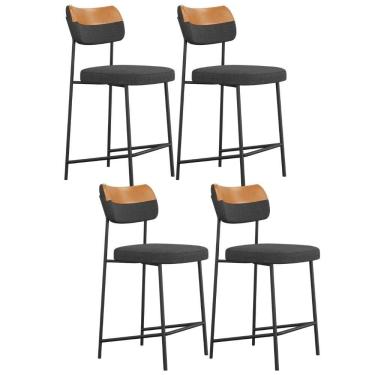 Imagem de Kit 04 Banquetas Baixa Bar Cozinha Sala Jantar Whisky Melina L02 Couríssimo Whisky Linho Chumbo - Lyam Decor
