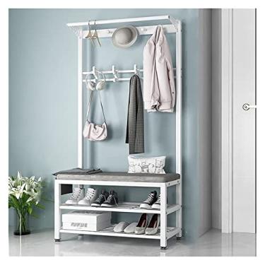Imagem de SLGGPJBU Suporte para cabide grande com 10 ganchos e banco de sapatos, design industrial, multifuncional, prateleira de corredor com moldura de metal para escritório