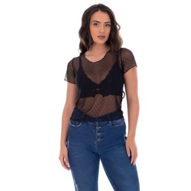 Imagem de Blusa Tshirt Tule Transparente Fristyle Manga Curta Poa Preto Lisa Adu