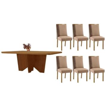 Imagem de Conjunto: Mesa Sala Jantar Nevada c/ Tampo Madeirado Canto Curvo 180x90cm e 6 Cadeiras Tilia Naturale - Linho Capuccino - Rufato