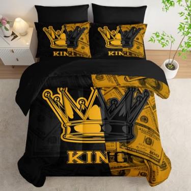 Imagem de AILONEN Conjunto de edredom casal, 7 peças, preto e dourado, para meninos e meninas, estampa de dinheiro, coroa, lençol de cima, 2 fronhas, 2 fronhas
