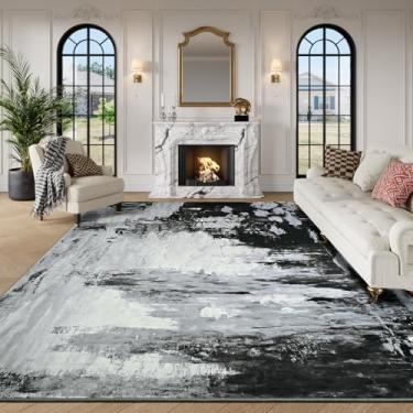 Imagem de ULTSOFE Tapetes cinza 20 x 25 cm lavável à máquina, tapetes grandes antiderrapantes com estampa de pilha baixa, tapete moderno abstrato para sala de estar, tapete dobrável retrô de lã sintética para