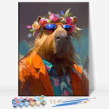 Imagem de HUINORYA Retrato de capivara da moda em tela emoldurada DIY kit de pintura por números bar café caverna sala de casa parede banheiro varanda pátio decoração presente, 40,6 x 30,5 cm