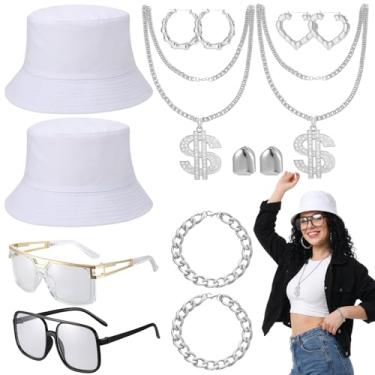 Imagem de JATEBI Kit de fantasia de hip hop dos anos 80, 90, acessórios de rapper, roupa para mulheres, homens, com correntes, chapéus, óculos de sol, joias para cosplay, clube, artigos de festa temáticos da