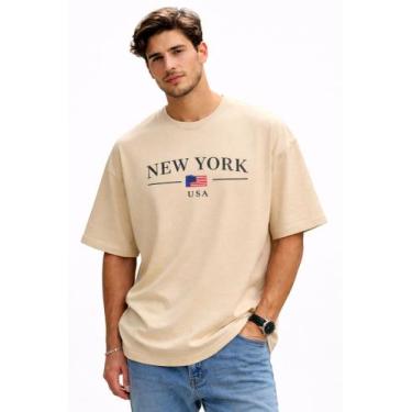 Imagem de Camiseta Masculina Oversized Malha Algodão Plus Size Estampa New York 