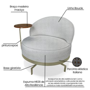 Imagem de Poltrona Sala de Estar Base Giratória Dourada Aura Bouclê Cinza S04 - D'Rossi