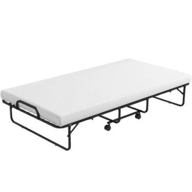 Imagem de Cama dobrável tamanho solteiro com colchão de espuma de memória, cama dobrável que economiza espaço para adultos e convidados, moldura de metal durável, portátil e fácil de armazenar