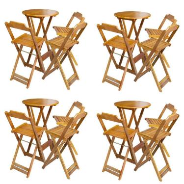 Imagem de Kit 4 Conjuntos De Mesa Bistrô Dobravel Em Madeira Maciça Com 3 Banquetas Altas - Mel - Marrom