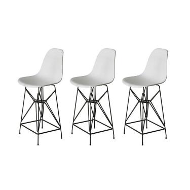 Imagem de Kit 3 Banquetas Bistrô Alta Eames Eiffel Branca Base Ferro Preto - Cor: Branco