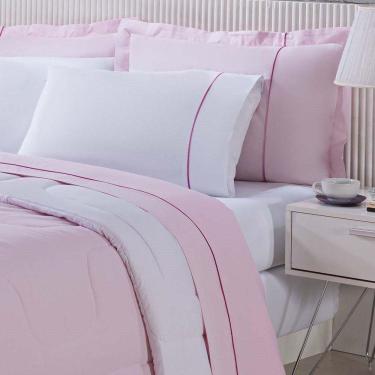 Imagem de Kit Edredom 100% Algodão Percal 150 Fios Dupla Face Casal Gran Moratta 3 Peças - Rosa-branco
