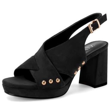 Imagem de Z.Oufeier Sandálias femininas plataforma com salto alto grosso, peep toe aberto, tira no tornozelo, camurça, sapatos sociais de verão, Preto, 40