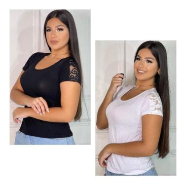 Imagem de Kit 02 Blusas detalhe de renda manga curta - GK TODA BELA, Preto, Bran