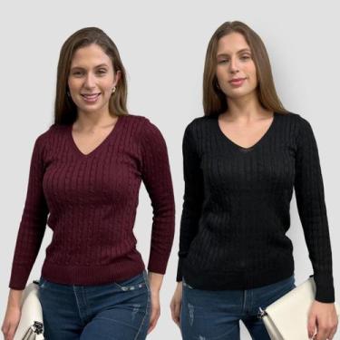 Imagem de Kit 2 Blusa Feminina Modal Tricot Traças Sueter Casual Frio - GIP, Pre