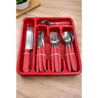 Imagem de Conjunto De Talheres 26 Peças Vermelho Aço Inox Cabo Resistente Elegan