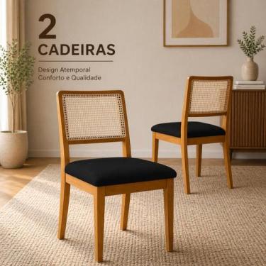 Imagem de Kit 2 Cadeiras de Jantar Palha Estofadas Veludo Preto Encosto Tela Sex