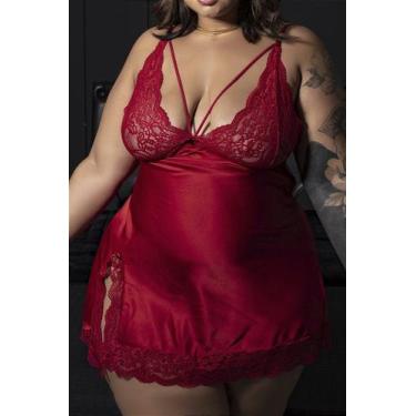Imagem de Camisola Luxo de Cetim e Renda Vermelha com Calcinha - no-brand, 50