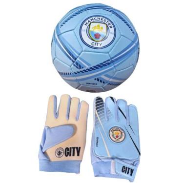 Imagem de Luva De Goleiro Infantil DRB + Bola Manchester City, Azul, Branco, 7