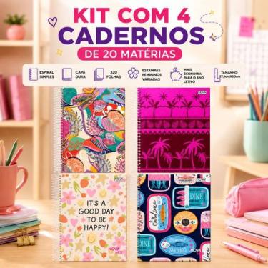 Imagem de Kit 4 Caderno Escolar Feminino 20 Matérias Capa Dura A4 - Nova caderno