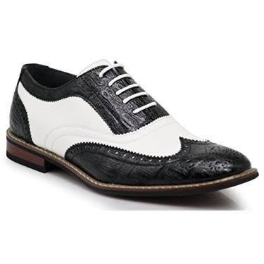Imagem de Sapato social masculino de dois tons Oxfords com pontas de asas e cadarço perfurado da Wood8, Black/White 03, 11