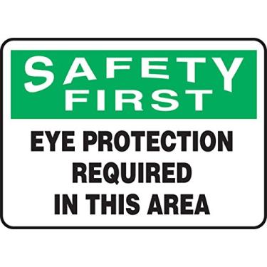 Imagem de Accuform Placa adesiva de Dura-Vinil Signs MPPE929XV, legenda "Safety First Eye Protection Required in This Area", 17,8 cm de comprimento x 25,4 cm de largura x 0 cm de espessura, preto/verde em