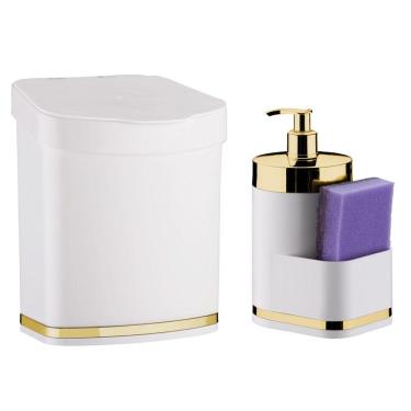 Imagem de Kit Lixeira 2,5L E Dispenser Porta Detergente Esponja Organizadores de Pia Cozinha Branco Dourado - Future