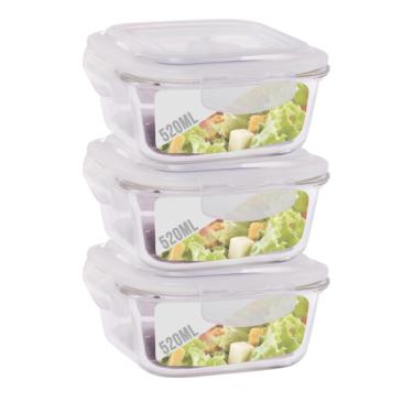 Imagem de Conjunto 3 Potes de Vidro 520ml Hermético 4 Travas Marmita