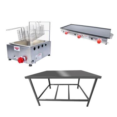 Imagem de Kit Lanchonete Mesa de Manipulação 100x55cm + Fritadeira a Gás 1 Cuba + Chapa a Gás 90cm Alcamar