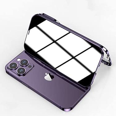 Imagem de Capa antiespiar para iPhone 14 Pro com trava, protetor de tela de privacidade de corpo inteiro de 360°, protetor de lente de câmera, vidro temperado de dupla face transparente [absorção magnética] capa de metal (prata)