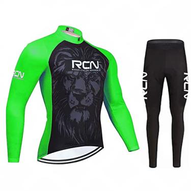 Imagem de Camisa masculina de ciclismo de inverno à prova de vento manga comprida + 3D acolchoada Bib calças térmicas de lã MTB terno de bicicleta quente, verde, 4GG (188 cm/105 kg)