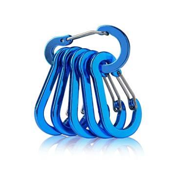Imagem de Clipe de mosquetão multiuso CC1 para pesca, pacote de 6 clipes pequenos Caribeener, mini chaveiro clipe Caribeaner de 2 polegadas, mosquetões de anel D de alumínio, azul