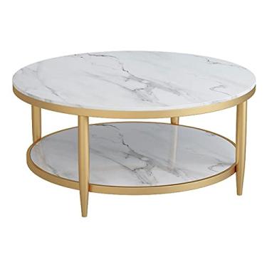 Imagem de SISWIM Mesa de centro redonda mesa de centro com duas prateleiras de armazenamento para sala de estar mesas de canto com moldura dourada superior de mármore falso branco