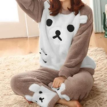 Roupa De Dormir Feminina Kawaii Flanela Conjunto De Pijama