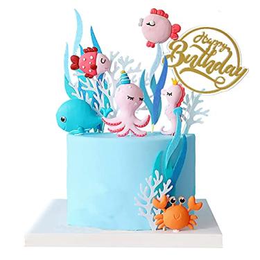 Imagem de Decoração de bolo de aniversário, decorações de bolo do mar, chá de bebê, tema de oceano, decorações de festa de aniversário, 12 peças
