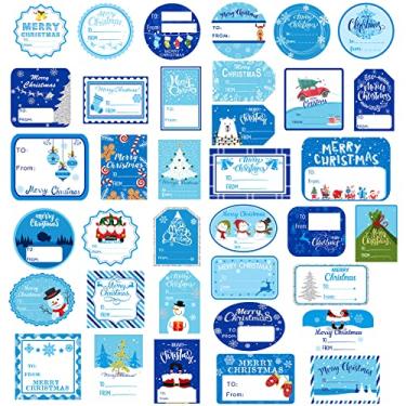 Imagem de 144 peças de adesivos de etiquetas de natal, adesivos azuis autoadesivos adesivos adesivos de feliz natal boneco de neve árvore de natal etiquetas de presente decalques para amigos presentes envelope