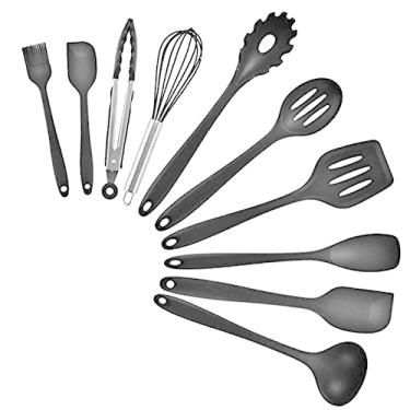Imagem de XIAOBING Conjunto de utensílios de cozinha de 10 peças de cozinha avançada de silicone com caixa de armazenamento Alicate Espátula colher de sopa (traje preto)