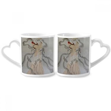 Imagem de Conjunto de canecas de porcelana para casal com pintura chinesa dobrável com alça de coração