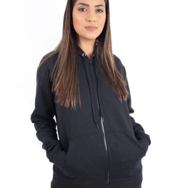 Imagem de Blusa De Frio Moletom Com Zíper Esportivo Na Cor Preto Tecido Algodão Moda Inverno
