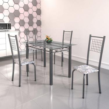 Imagem de Conjunto de Mesa Tubular 4 Cadeiras 120cm com Tampo de Vidro Iza Soma Móveis Botanic Cinza/Prata