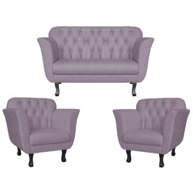 Imagem de Kit Namoradeira + 2 Poltronas Decorativa Dália Suede Rosê Pés Madeira Mz Decor