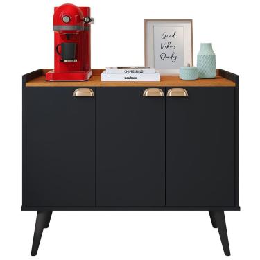 Imagem de Aparador Buffet 3 Portas Cantinho Café Prateleira Organizadora Puxador Concha Vintage Pés Retrô  Sala Jantar Truzzi - Preto/Cinamomo - RPM