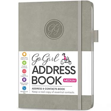 Imagem de GoGirl Agenda de endereços – Livro de telefone e endereços com abas alfabéticas para armazenar contatos com segurança, tamanho médio (12,7 x 19,8 cm) capa dura de couro PU – cinza