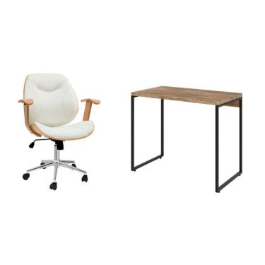 Imagem de Conjunto de Mesa Studio Carvalho com Cadeira de Escritório Diretor Giratória Antonella Branca