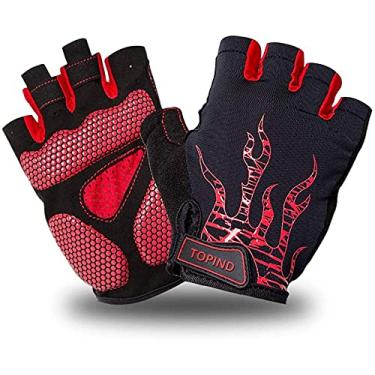Imagem de TOPIND Luvas de mountain bike para homens e mulheres, luvas de bicicleta suja, meio dedo com almofada de gel, absorção de choque, antiderrapante, luvas de ciclismo respiráveis (vermelho, G)