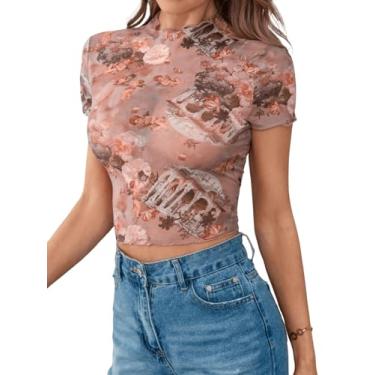 Imagem de Milumia Camisetas femininas de malha com estampa floral, manga curta, gola redonda, acabamento em alface, transparente, Rosa claro, GG