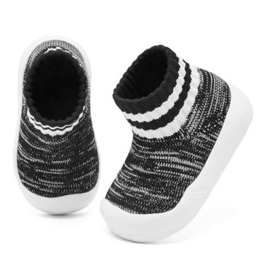 Imagem de Engtoy Sapatos de meia para bebês sapatos de caminhada infantil antiderrapante respirável com sola de borracha macia tênis slip on para meninos e meninas, Preto, branco, 9-12 Meses