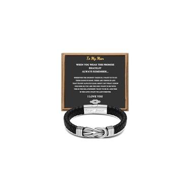 Imagem de Presente para homens, pulseira infinita de couro trançado preto para homens, pai, marido, namorado, filho, neto, irmão, sobrinho, tio para sempre, ligados juntos, aço inoxidável, gravada com joia Love