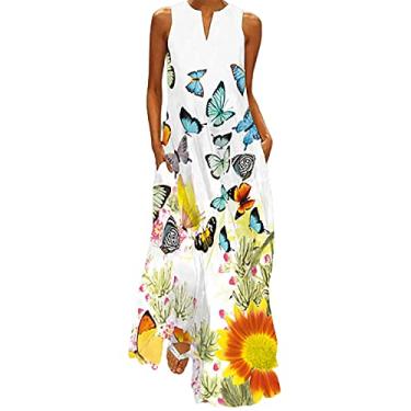 Imagem de Vestidos sem mangas para mulheres verão outono decote V floral maxi longo ajuste solto praia vestidos havaianos mulheres 2024, X-996 Amarelo Mostarda, 5G