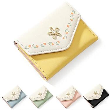 Imagem de Carteira feminina com estampa de flores fofas, carteira estética pequena com três dobras, bolsa de couro PU para dinheiro, porta-cartões de identificação para mulheres, Amarelo