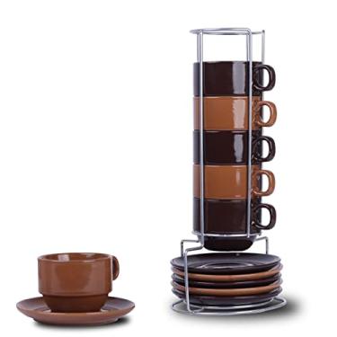 Imagem de Servette Home - Xícaras de Café Expresso Empilháveis de 142 g com Pires e Suporte - Conjunto de 6 Canecas de Cerâmica de 160 ml
