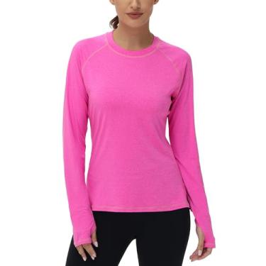 Imagem de Camiseta feminina de manga comprida FPS 50+ com proteção solar UV Rash Guard/moletom com capuz secagem rápida para caminhadas ao ar livre, Orifício de polegar rosa vermelho, M
